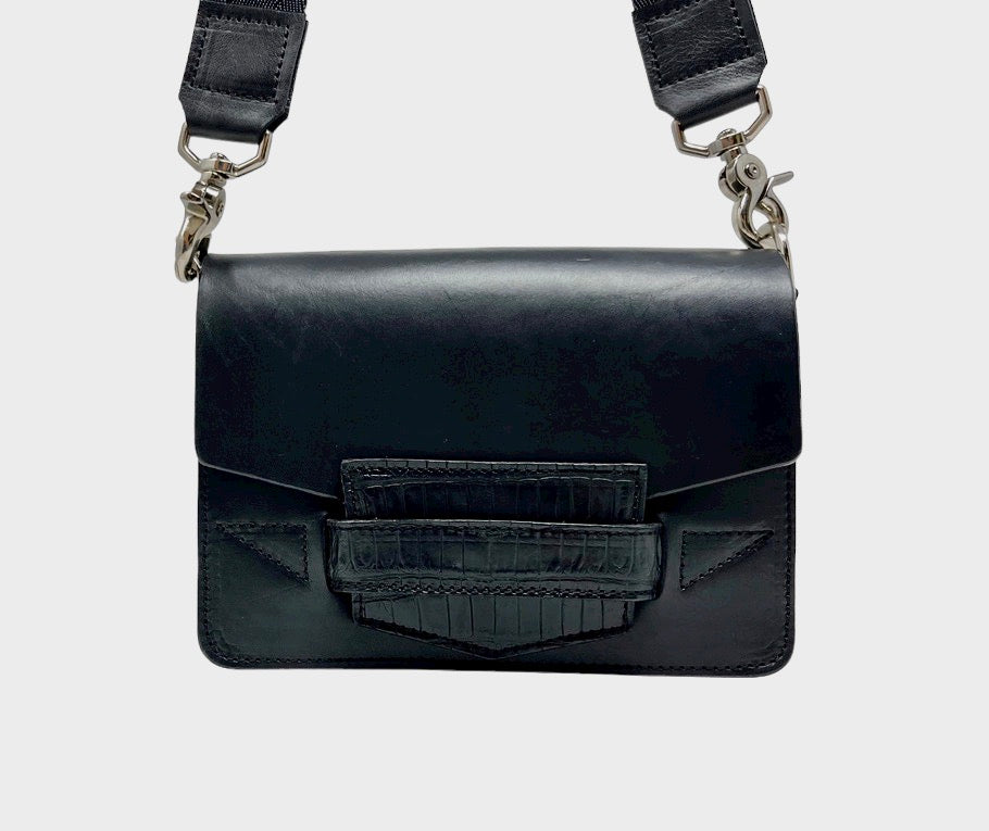 Black Slot Bag with Alligator Trim