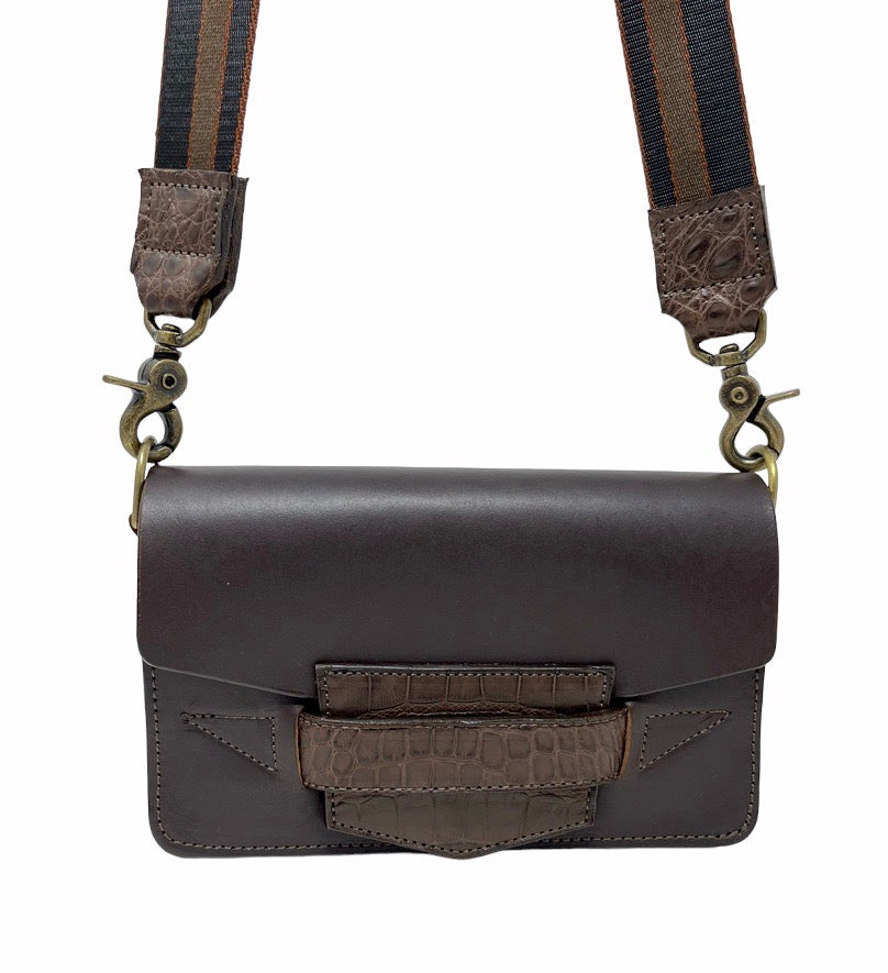 Brown Slot Bag With Alligator Trim