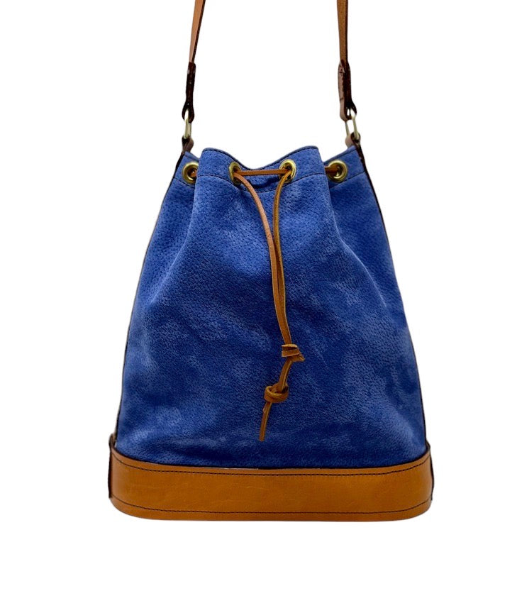 Blue suede bucket bag