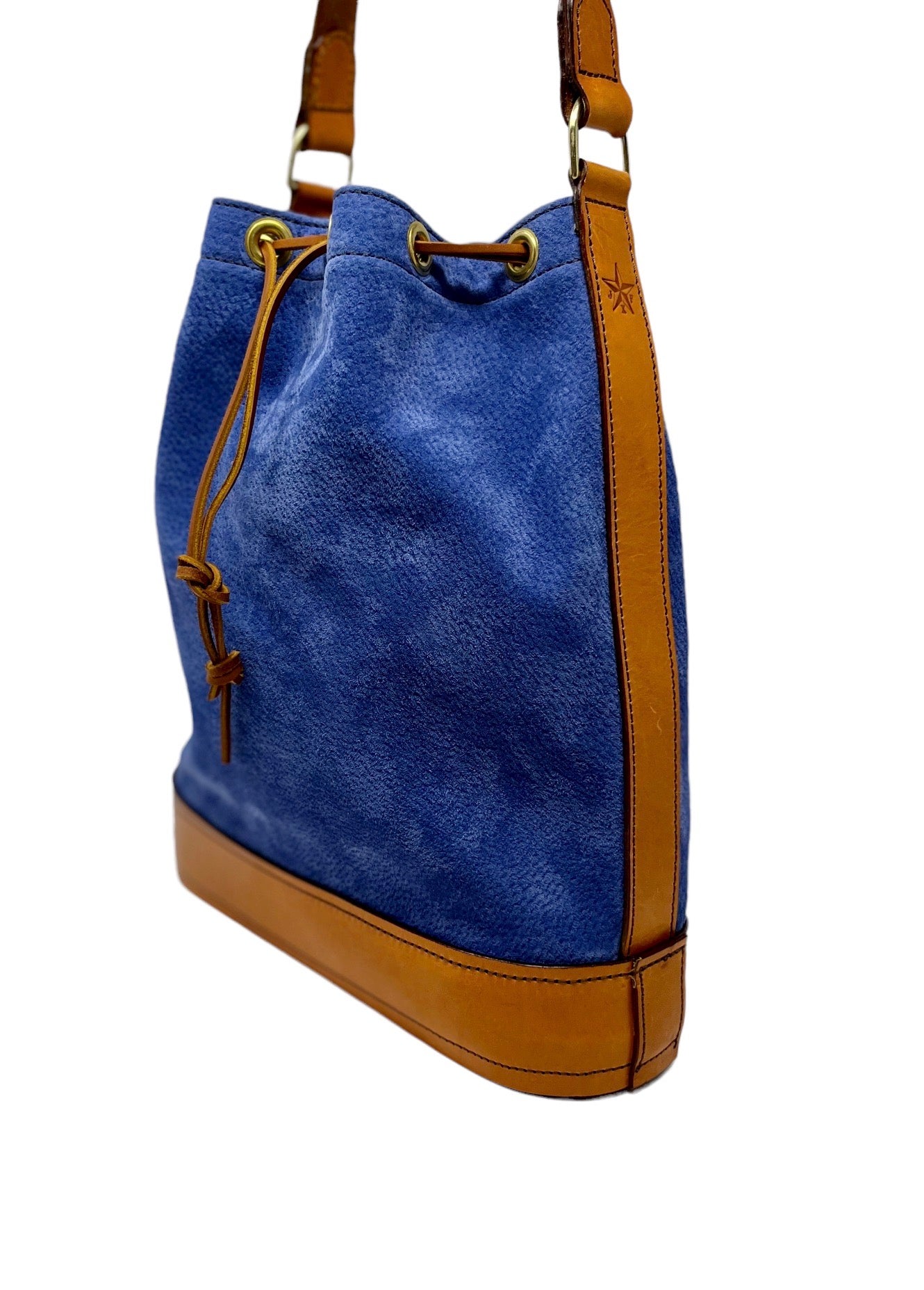 Blue suede bucket bag