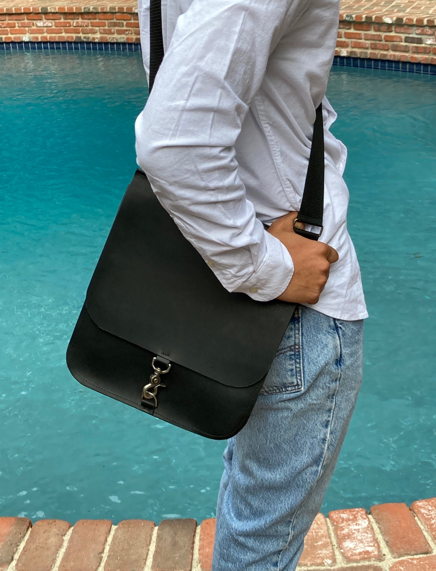 Pebbled Black Leather Messenger Bag