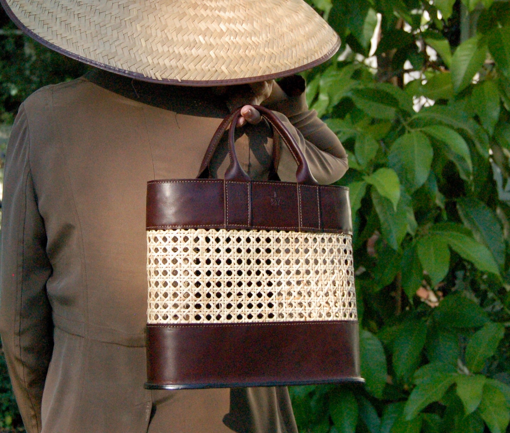 Handmade Woven Cane and Leather Tote